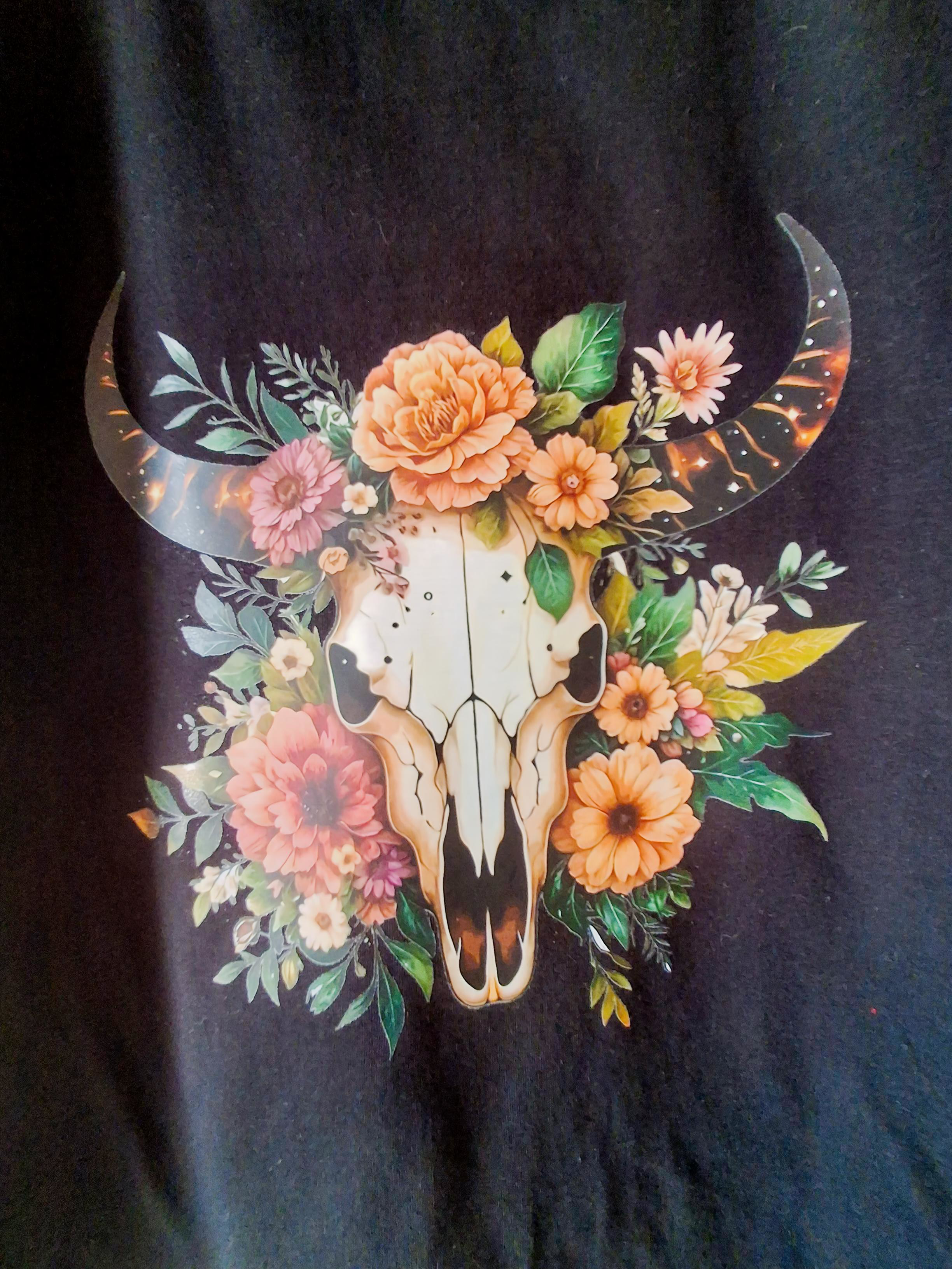 Black Tshirt with Bohemian Style Floral Cow Skull Print