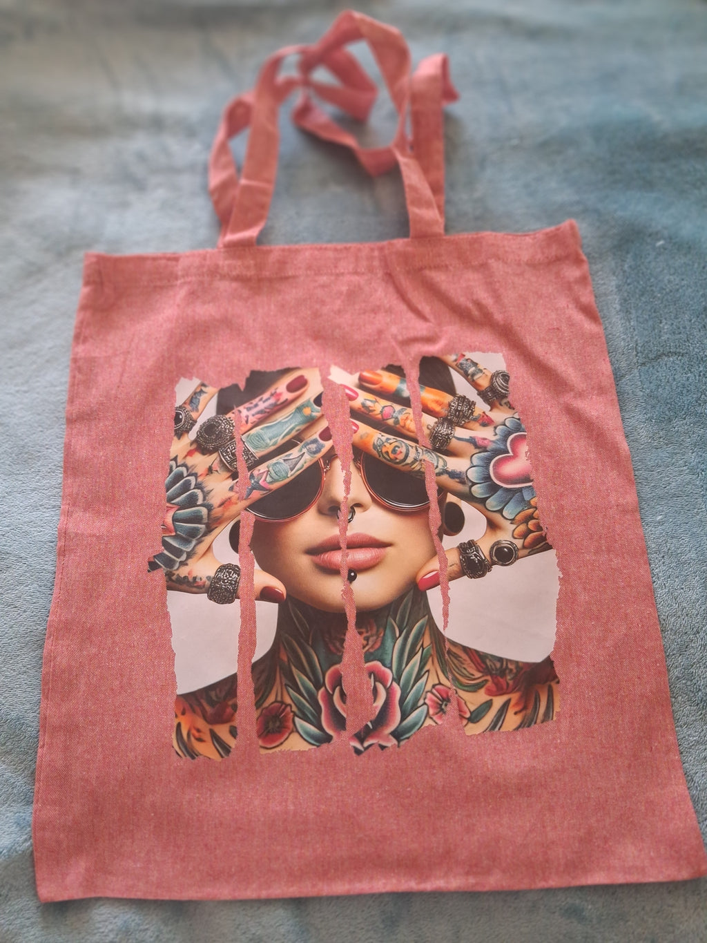 'Tattoo Lady' boho design pink cotton tote bag