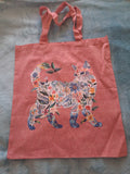 'Floral Feline' boho design pink cotton tote bag