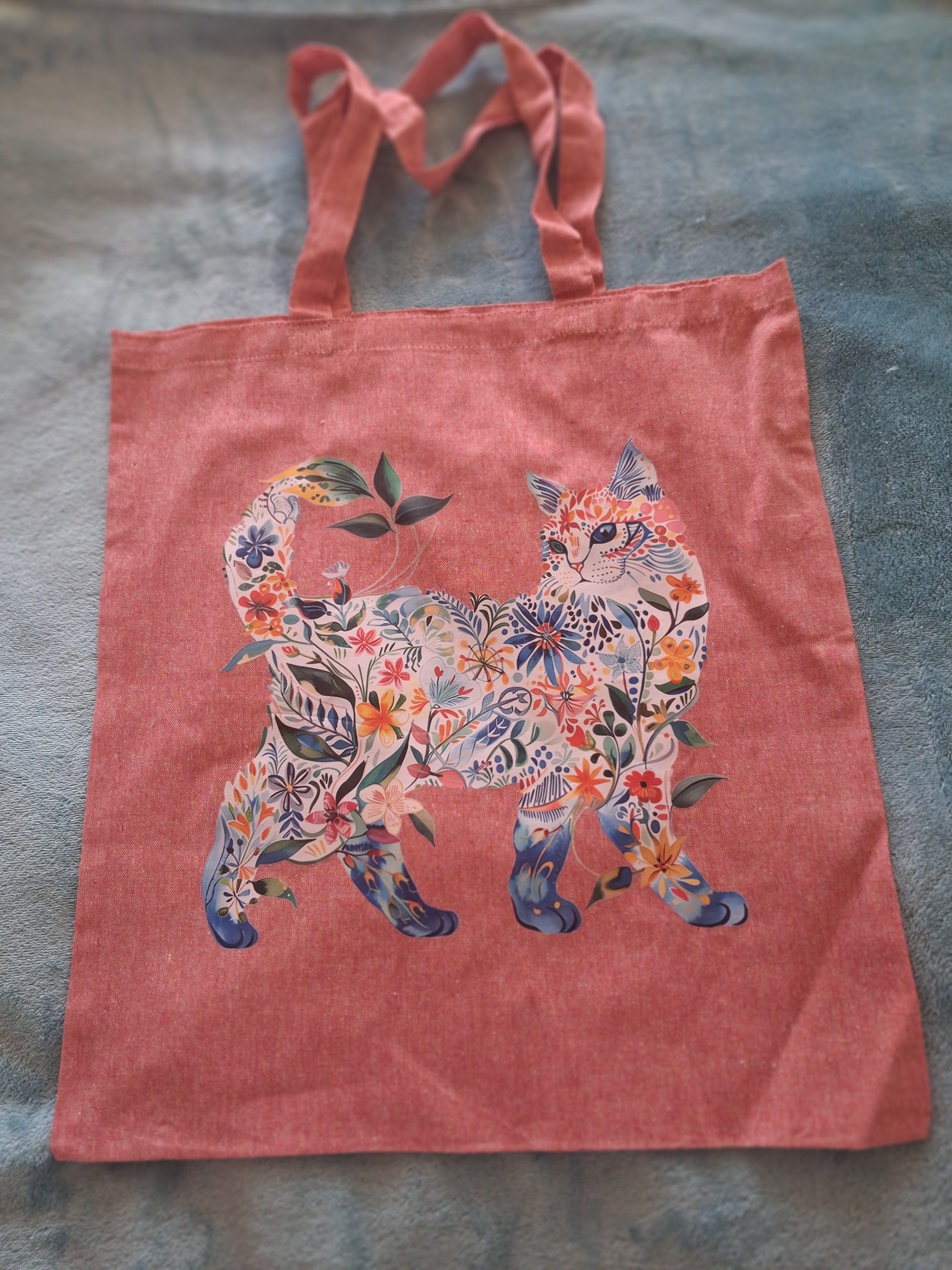 'Floral Feline' boho design pink cotton tote bag