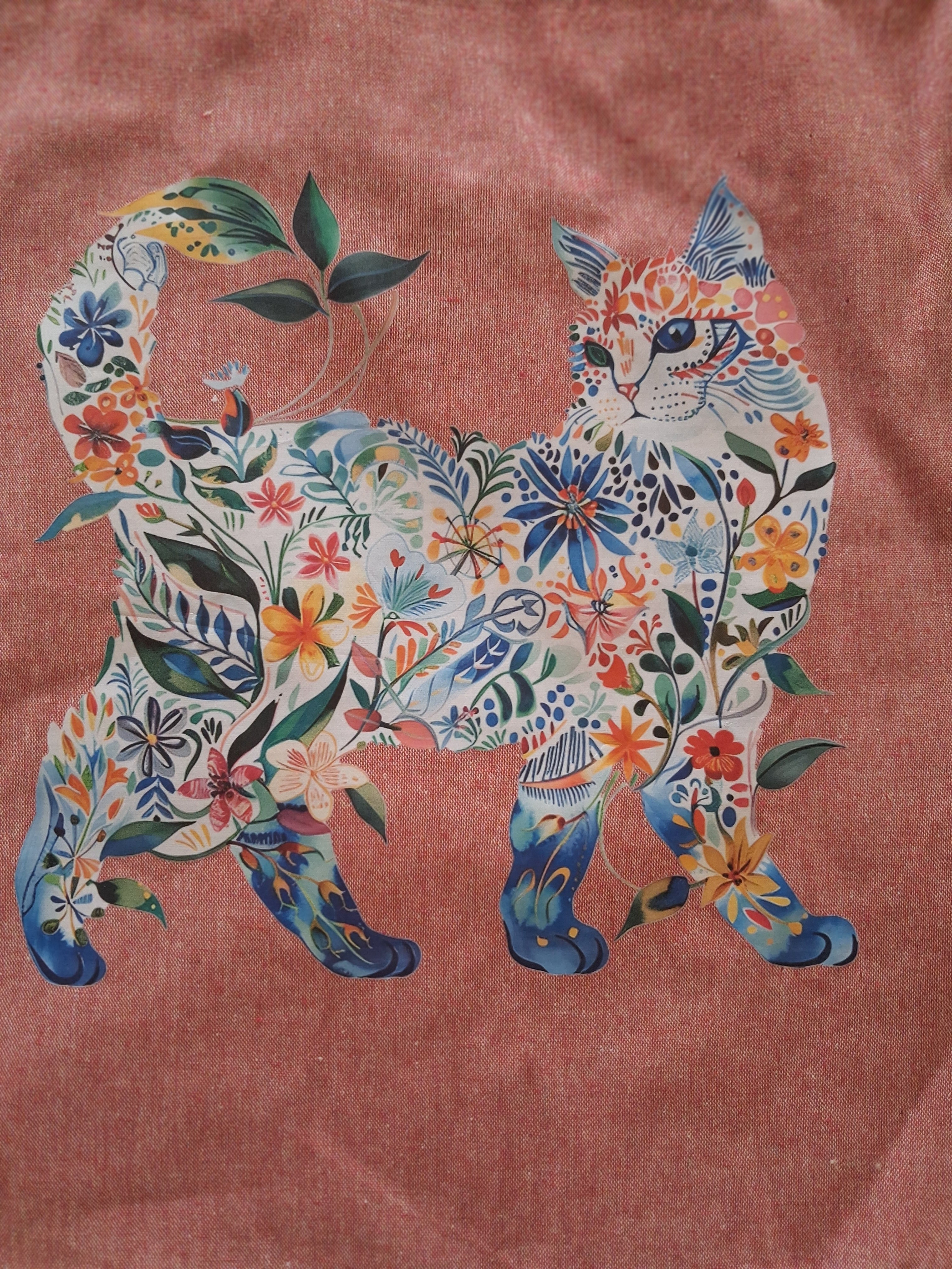 'Floral Feline' boho design pink cotton tote bag