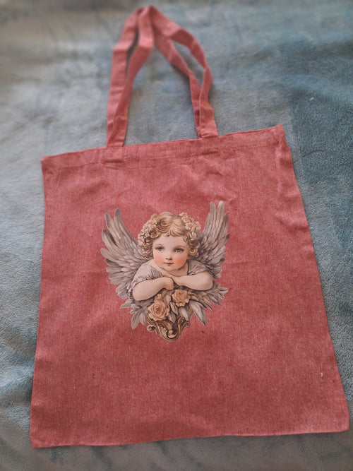 'Angel Face' boho design pink cotton tote bag