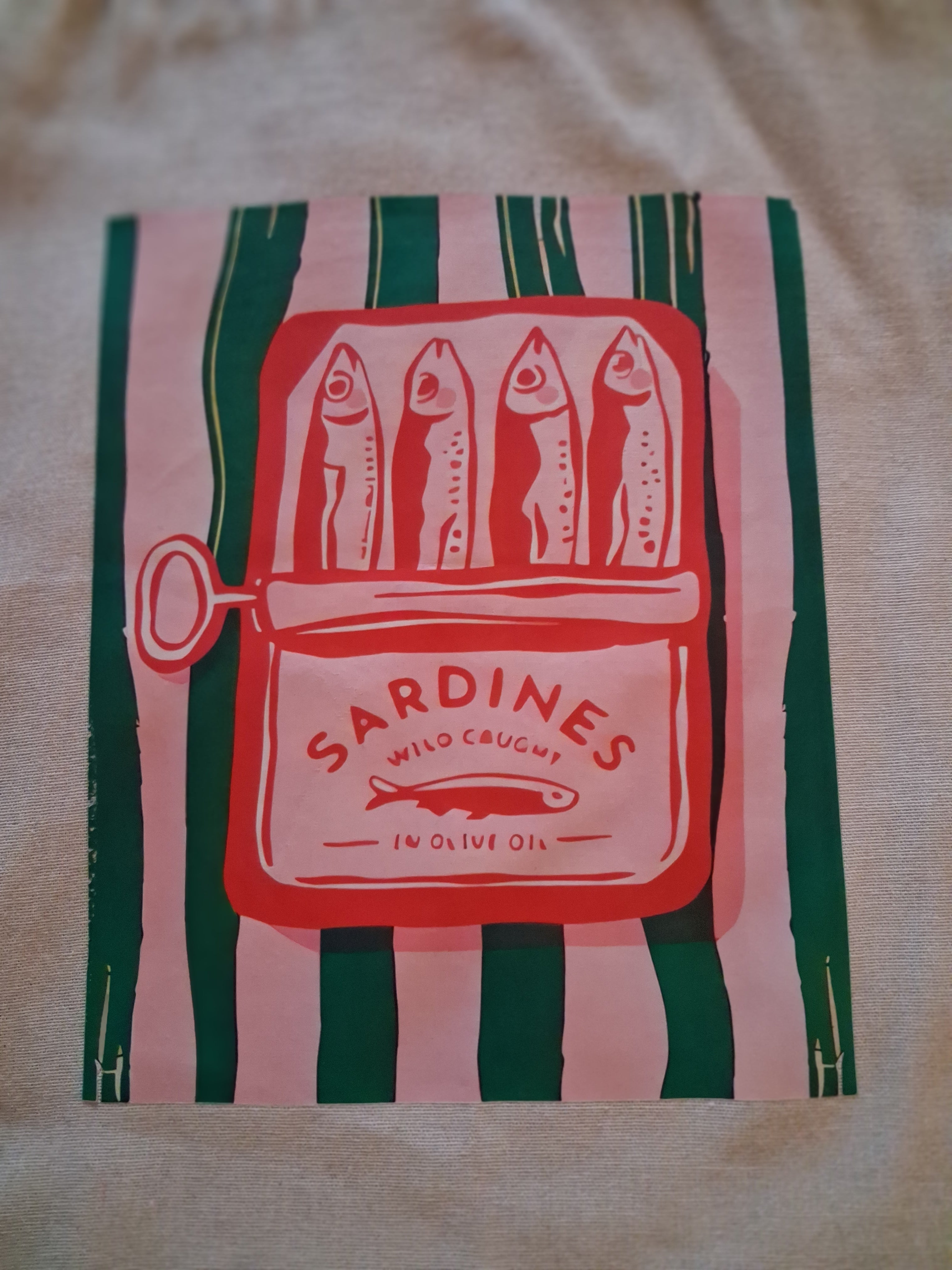 'Sardines' boho design cream natural cotton tote bag