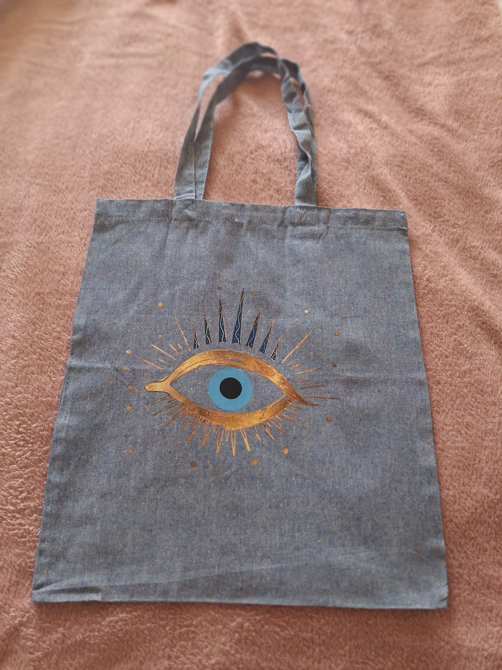 'Evil Eye' Gold & Turquoise Light blue Cotton Tote Bag