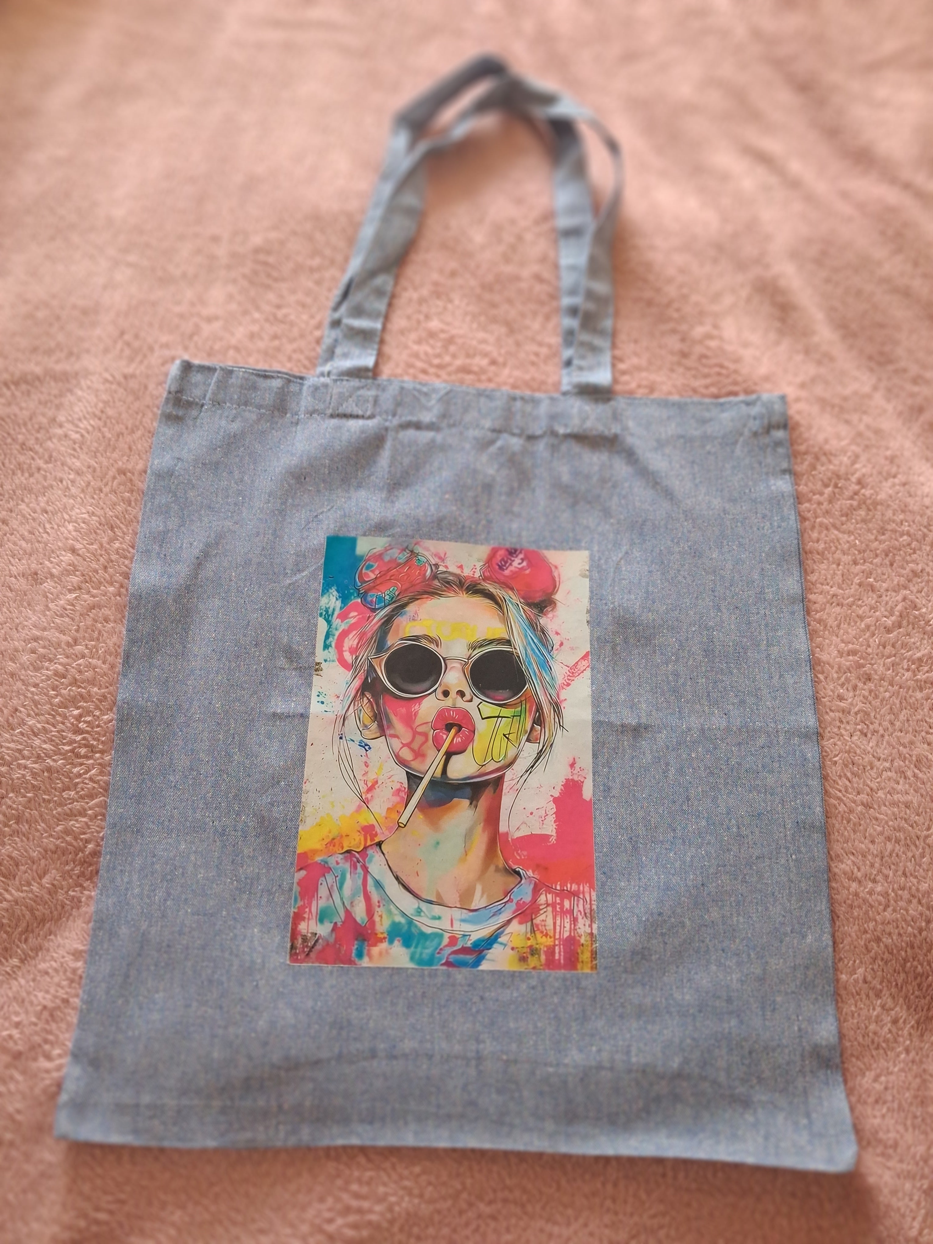 'Girls just wanna have fun' boho design pale blue cotton tote bag