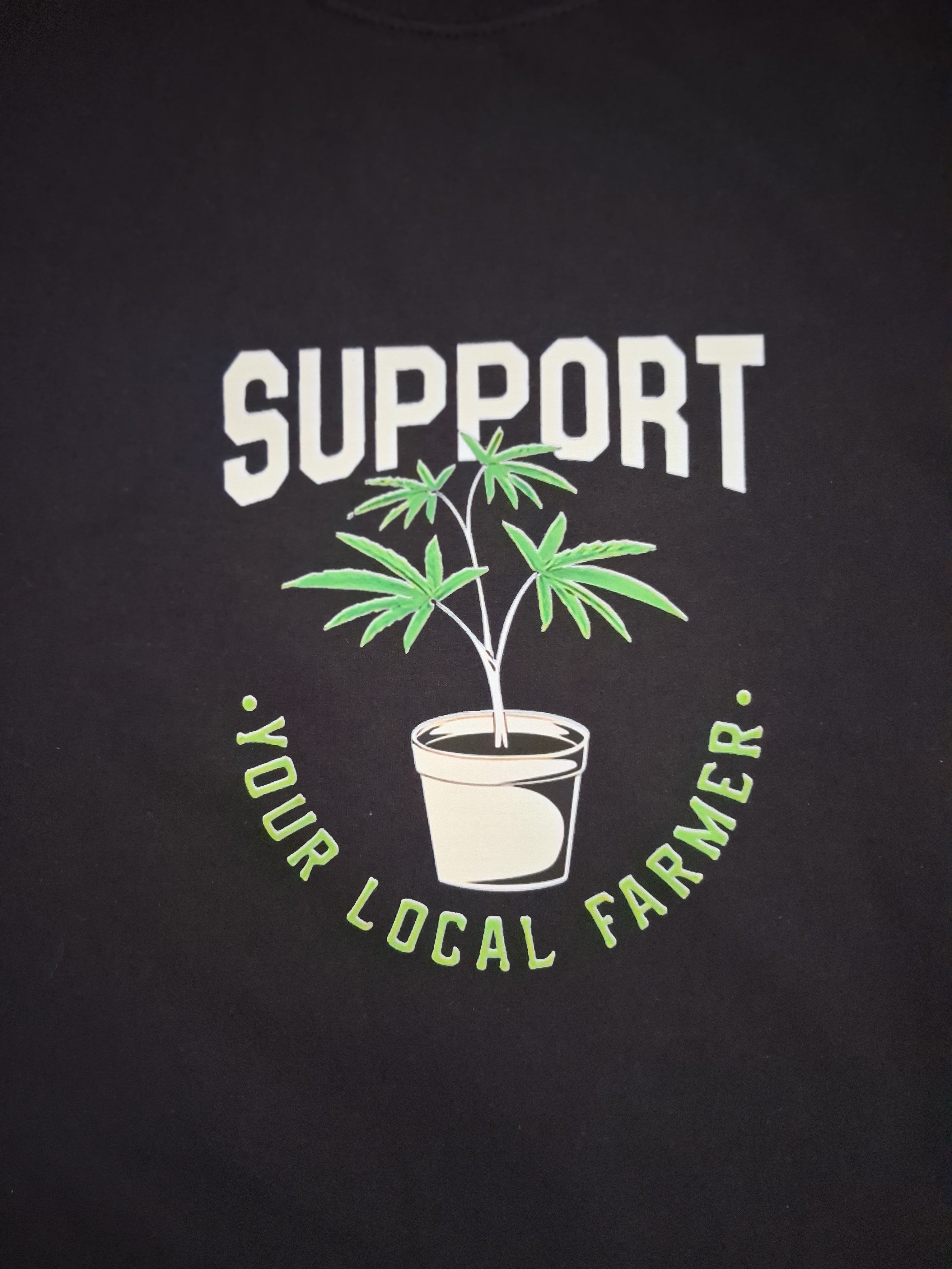 'Support Your Local Farmer' One-Off Graphic Black T-Shirt Size M