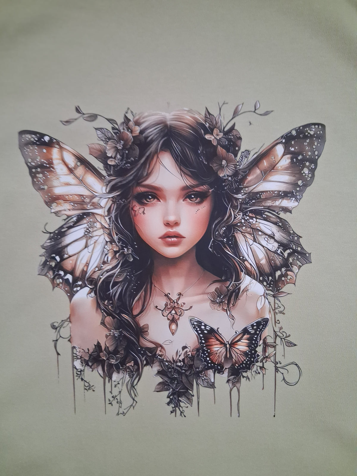 Autumn Fairy One-Off Boho Graphic Sage Green T-Shirt | Size M
