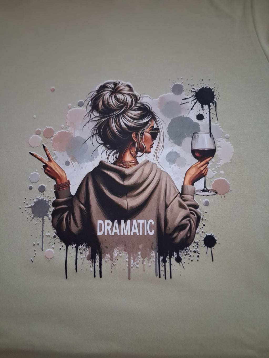 Dramatic One-Off Boho Graphic Sage Green T-Shirt | Size M