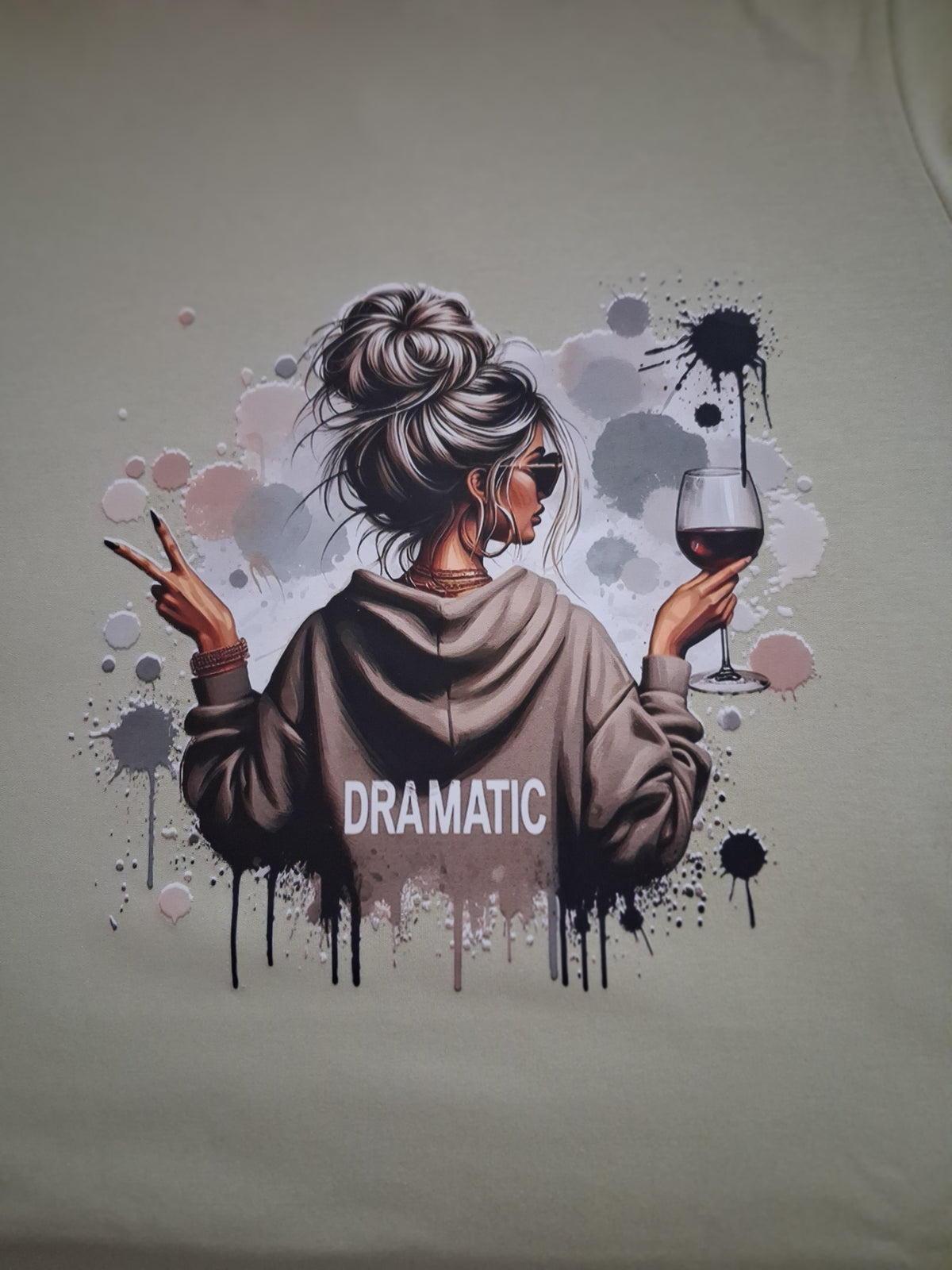 Dramatic One-Off Boho Graphic Sage Green T-Shirt | Size M