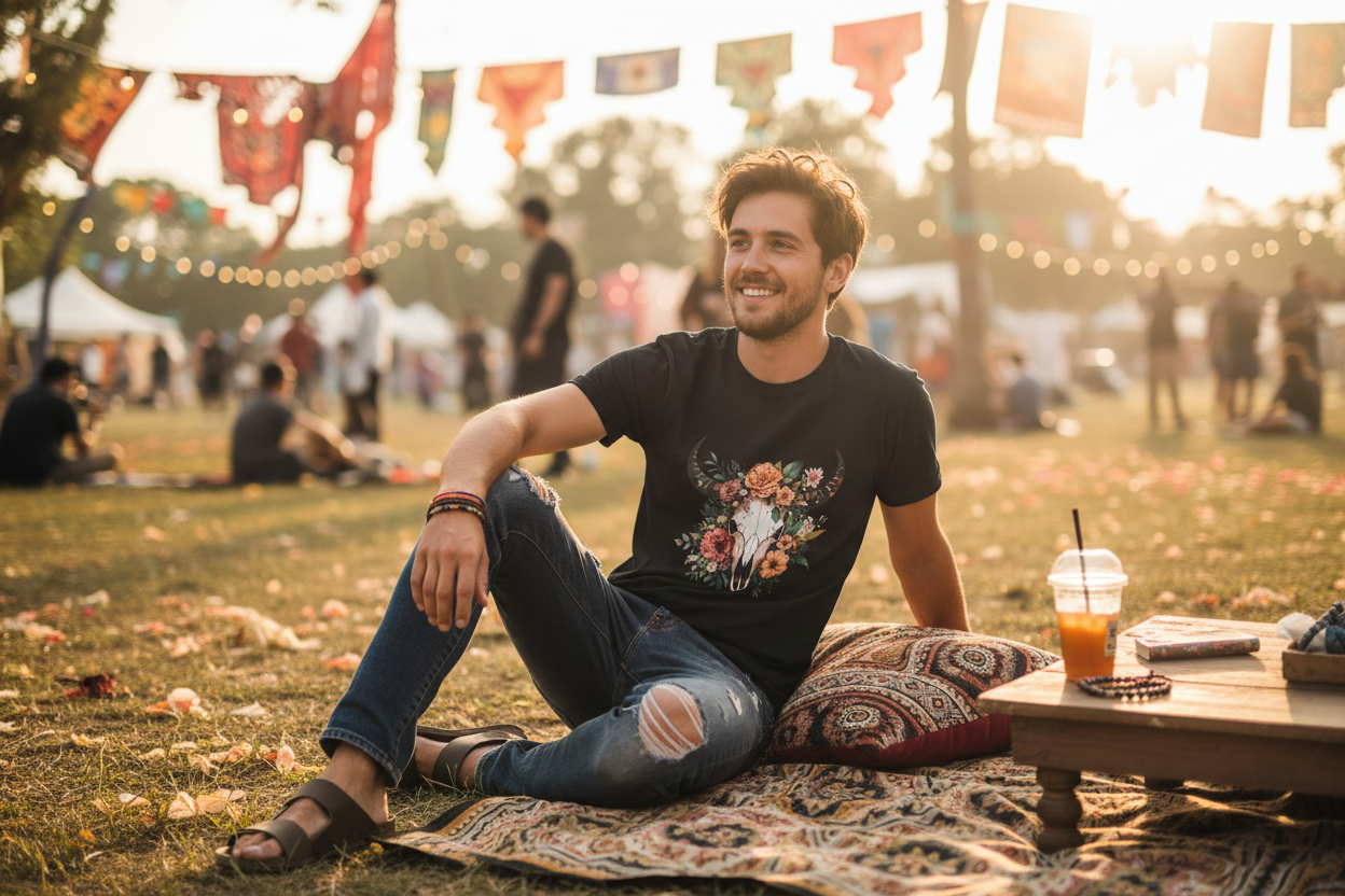 Boho Floral Cow Skull Male Lifestyle