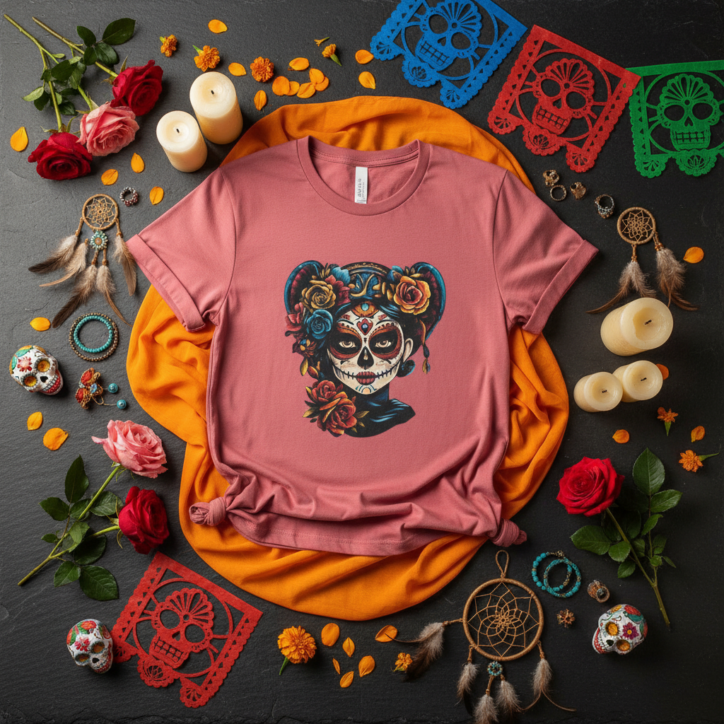 Day of the Dead Rose Tee Flat Lay