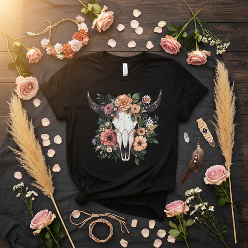 Floral Cow Skull Tee Flat Lay