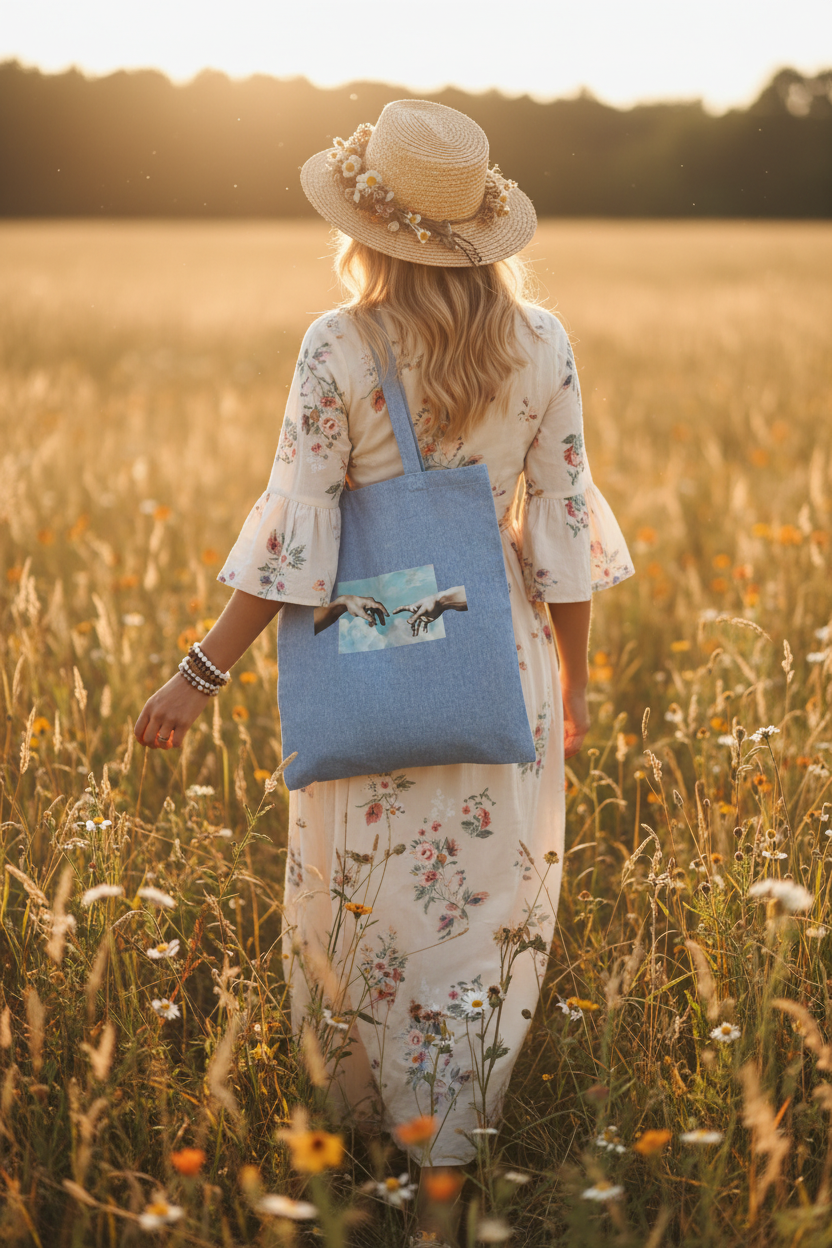 Point the Finger tote bag over shoulder in sunlit field