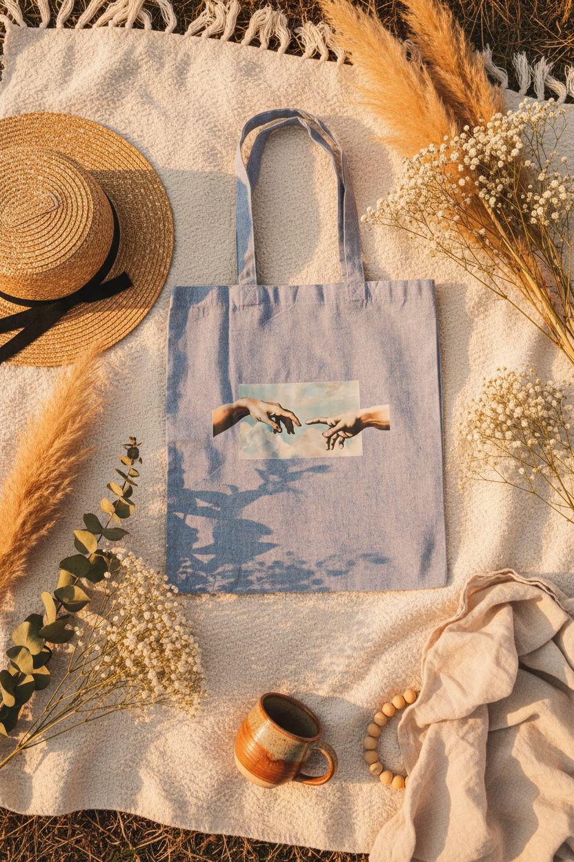 Point the Finger tote bag picnic flat lay