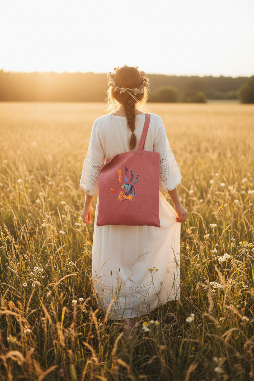 Stop! tote bag over shoulder in sunlit field