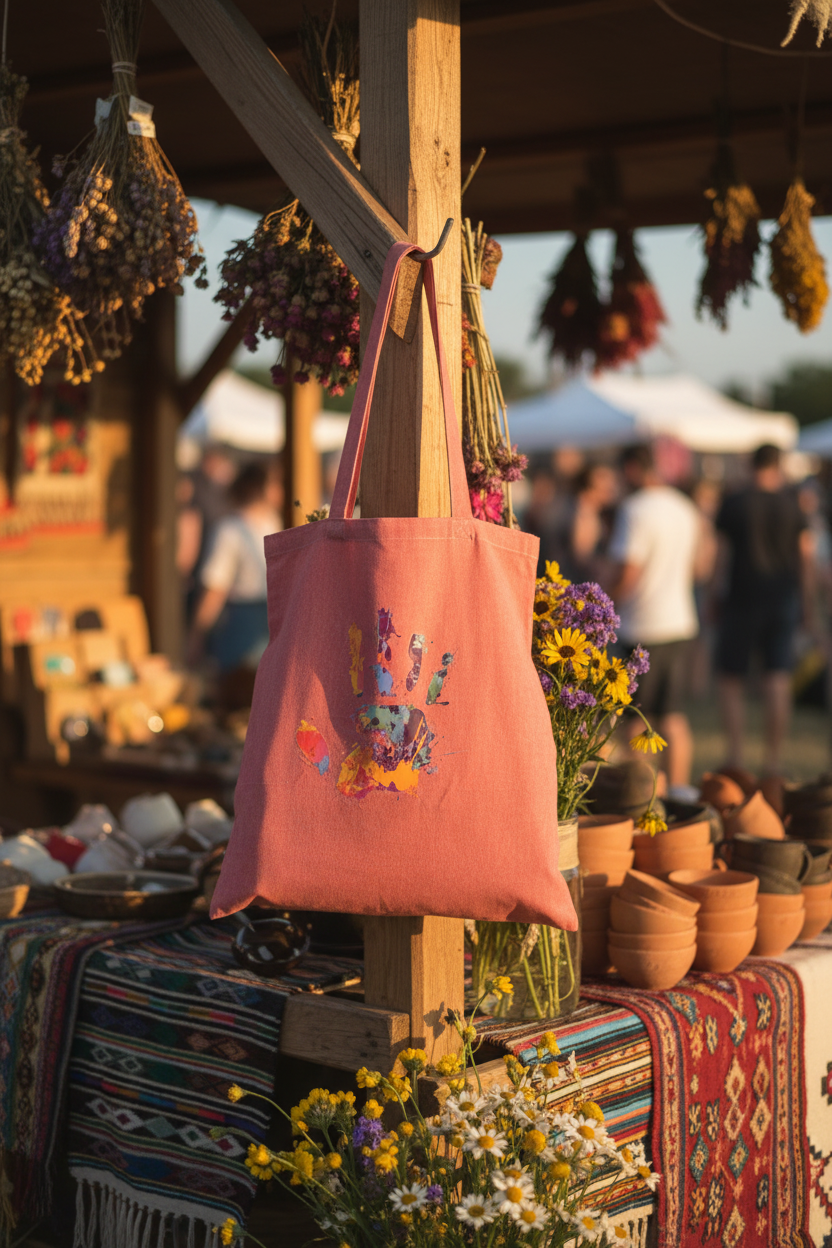 Stop! tote bag hanging on a rustic market stall