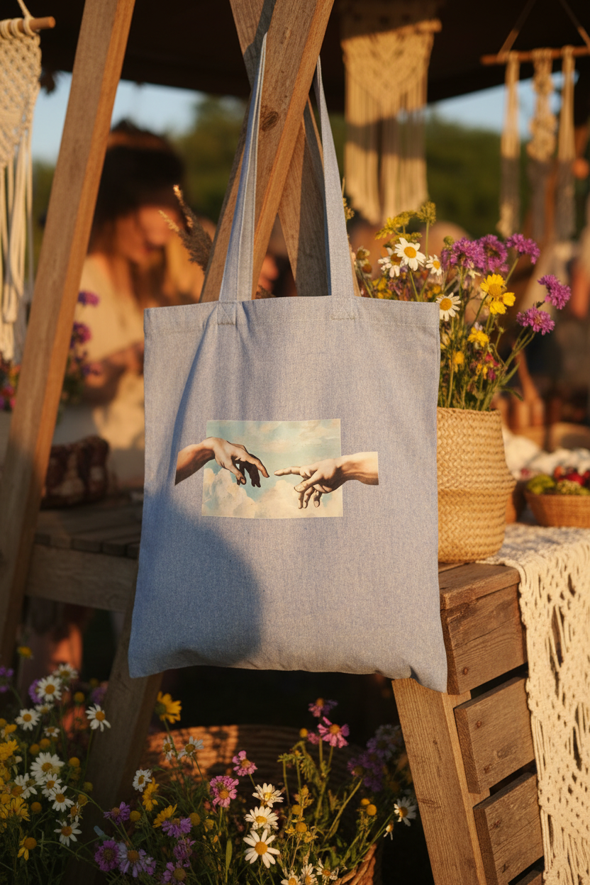 Point the Finger tote bag hanging on a rustic market stall