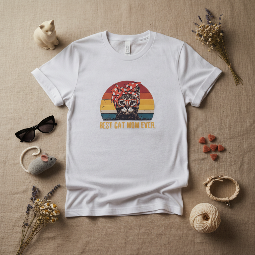 Cat Mom tee flat lay with cat props