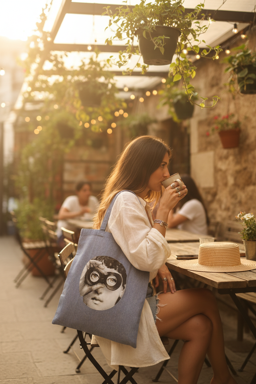 I See No Ships tote bag at a bohemian café terrace