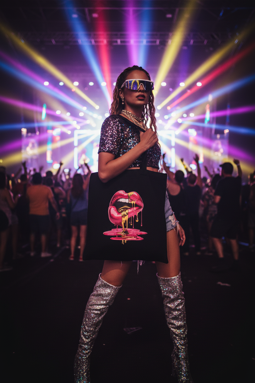 Drip Bold Lips Black Cotton Tote Bag - Concert Lifestyle