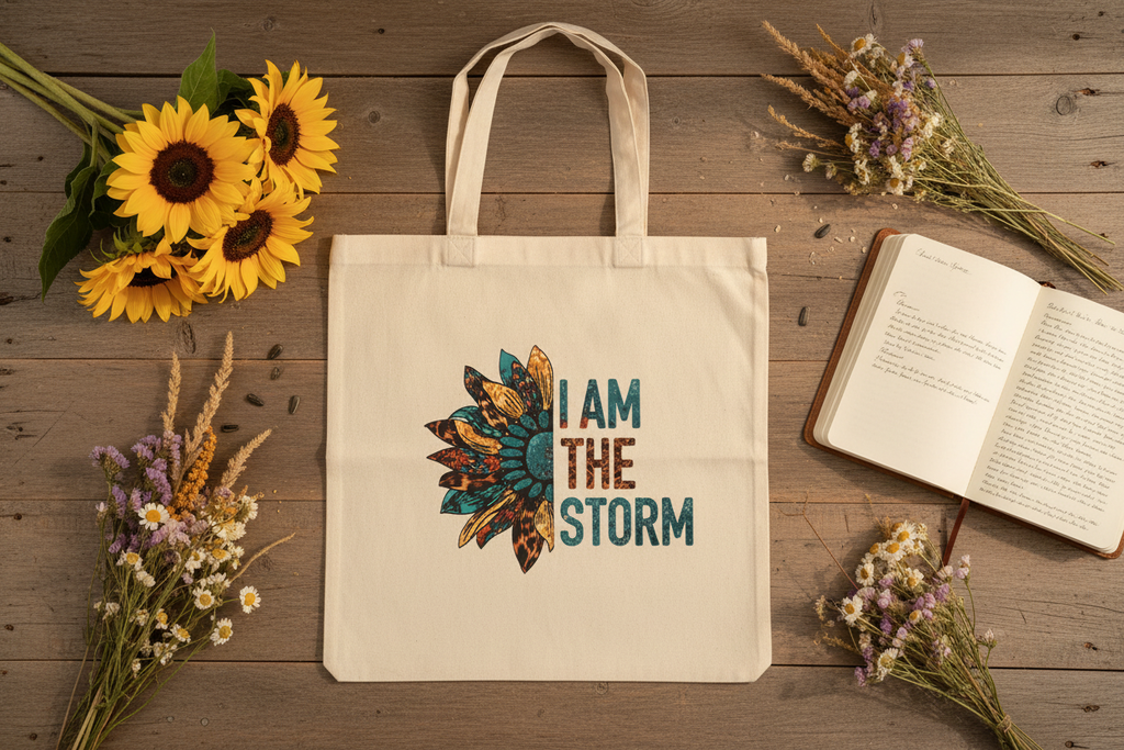 I Am The Storm Tote Bag - Flat Lay